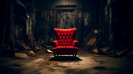 Abandoned red armchair in dark room. 3D renderingの素材