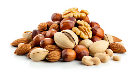 Mix of nuts isolated on the white background. Collection of different nuts.の素材