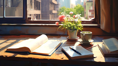 Open book, cup of coffee and flowers on the windowsill.の素材