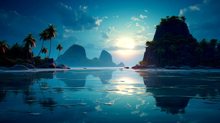 Tropical island with palm trees at sunset. Seascapeの素材