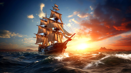 Sailing ship in the sea at sunset. 3d illustration.の素材
