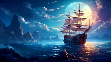 Pirate ship in the sea. Fantasy landscape with full moon.の素材