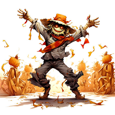 Halloween scarecrow in a cornfield. Illustration on white background.の素材