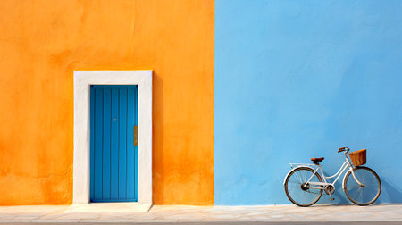 Colorful wall with blue door and white bicycle in front of itの素材