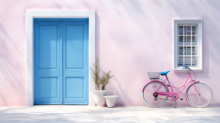 Bicycle on a pink wall with a blue door and a flower potの素材