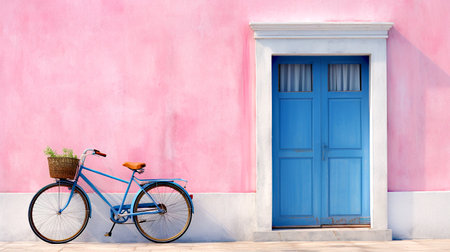Blue bicycle on pink wall background, Cyclades island, Greece.の素材