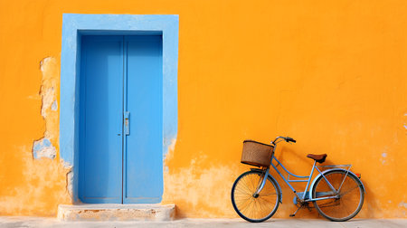 Blue door and blue bicycle on orange wall background, Paros island, Greeceの素材