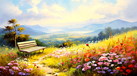 Beautiful spring landscape with bench on the meadow. Digital painting.の素材