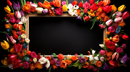 Frame with tulips and marigolds on a black background.の素材