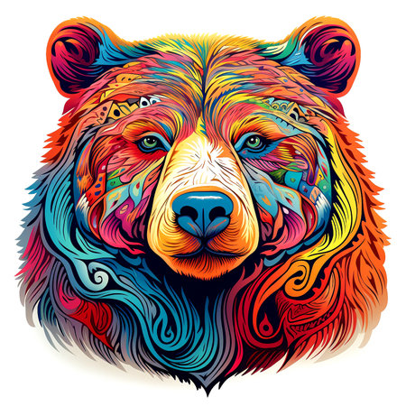 Vector illustration of the head of a bear with a colorful pattern.の素材