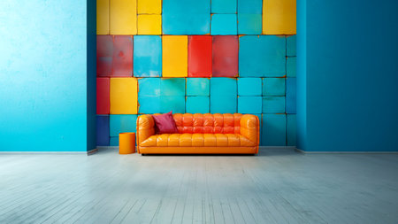 Interior of modern living room with orange sofa and colorful wall 3D renderingの素材