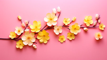 Beautiful blooming sakura branches on color background, top viewの素材