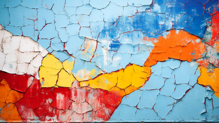 Colorful cracked paint on metal surface. Abstract background for design.の素材