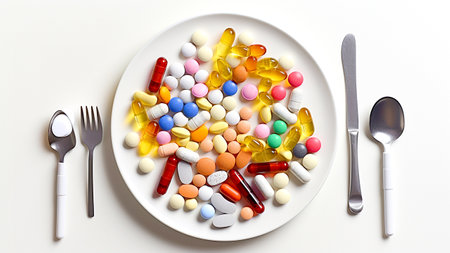 Assorted pharmaceutical medicine pills, tablets, capsules and capsules on white plate.の素材