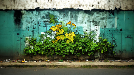 grunge wall with sunflower plant on it, street artの素材