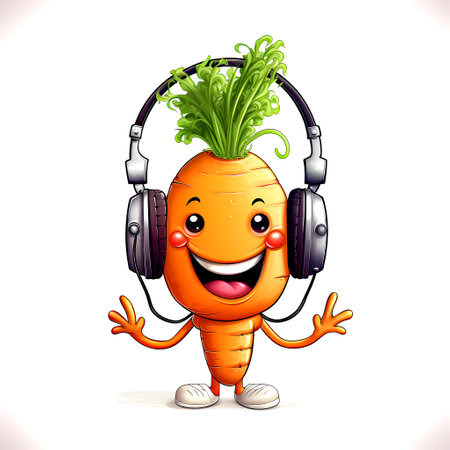 3d rendered illustration of carrot cartoon character with headphones listening to musicの素材