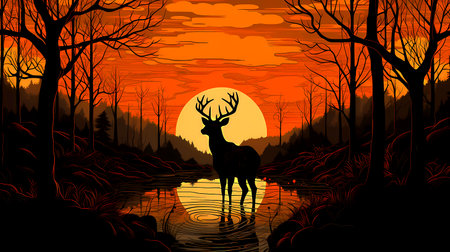 Silhouette of a deer in the swamp at sunset. Vector illustrationの素材