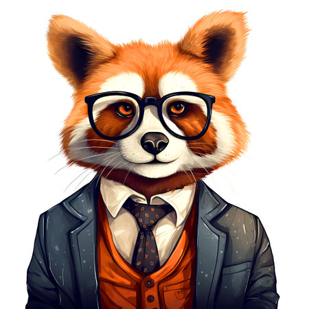 Portrait of a red panda in a suit and glasses.の素材