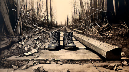 Sneakers on the wooden bridge in the forest. Toned.の素材