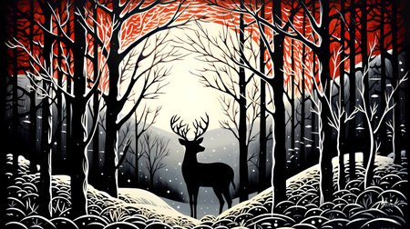 Illustration of a winter forest with a deer in the foreground.の素材