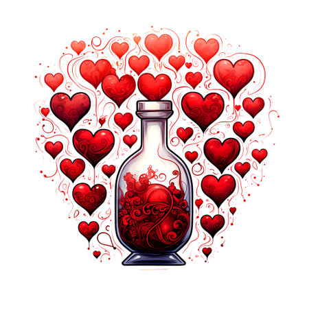 Valentines day card with bottle of wine and hearts. Vector illustration.の素材