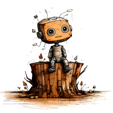 Cute cartoon robot sitting on a tree stump. Vector illustration.の素材