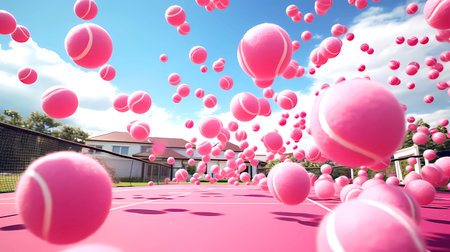 Pink balloons flying in the blue sky. 3d rendering image.の素材