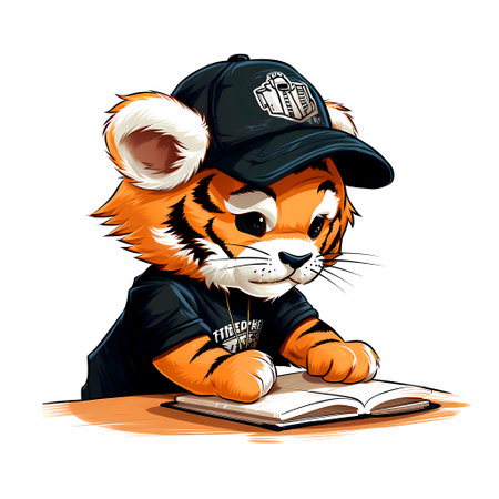 Cute tiger in a baseball cap reading a book. Vector illustration.の素材