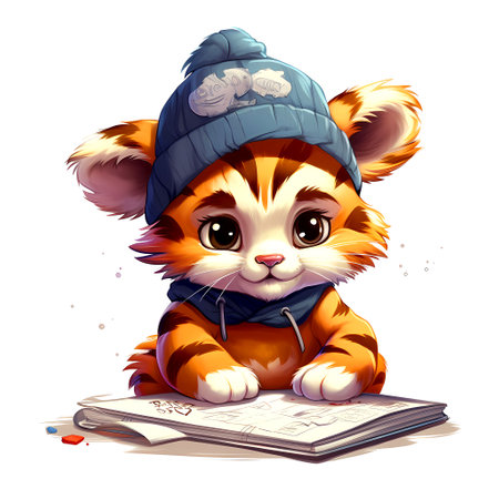Cute cartoon tiger in winter hat and scarf with book. Vector illustration.の素材