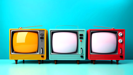 Retro TV set on blue background. 3d rendering. Computer digital drawing.の素材