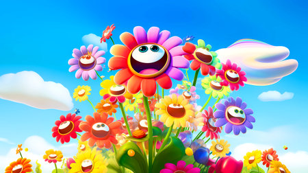 Cartoon flowers with happy faces on a background of the blue skyの素材