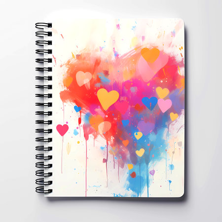 Notebook with colorful watercolor hearts on white background. Vector illustration.の素材