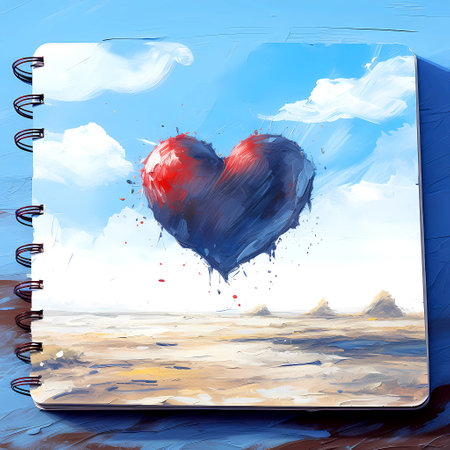 love concept, hand drawn illustration of heart in a notebook with blue skyの素材