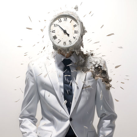 Businessman with wall clock exploding in the air. Time management conceptの素材