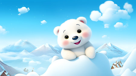 Cute cartoon polar bear sitting on the snow mountain with blue sky backgroundの素材