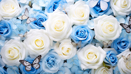Beautiful blue and white roses with butterfly background, top view.の素材