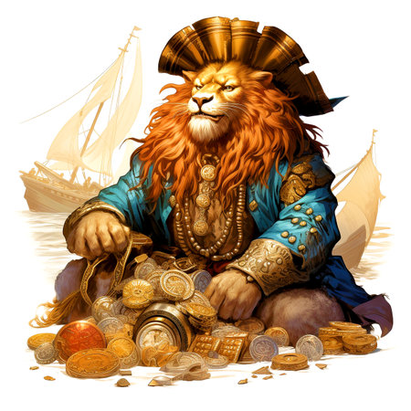 Lion with gold coins and sailboat on the background. Vector illustration.の素材