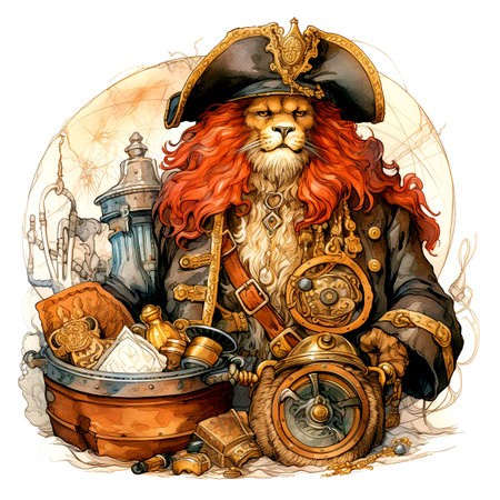 Lion in the hat of a pirate with a treasure chest.の素材