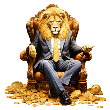 Lion sitting in armchair with gold coins, isolated on white backgroundの素材
