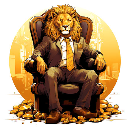 Lion businessman sitting in armchair with coins. Vector illustration.の素材
