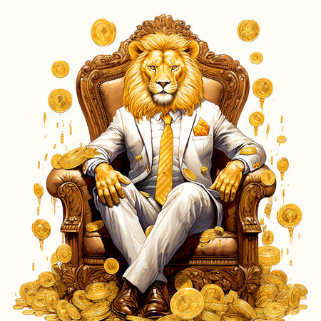 Lion sitting in armchair with gold coins. Vector illustration.の素材