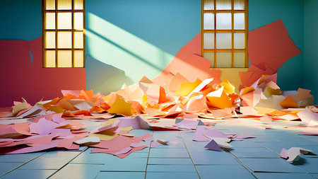 3d rendering of broken paper in a room with a large windowの素材