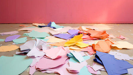 colorful sticky notes on the floor with pink wall in the backgroundの素材