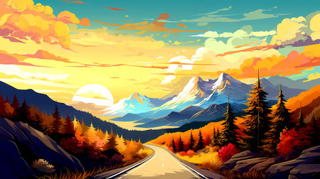 Beautiful autumn landscape with mountains and road. Cartoon vector illustration.の素材