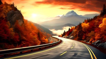 Road in the autumn mountains at sunset. 3d rendering. Computer digital drawing.の素材