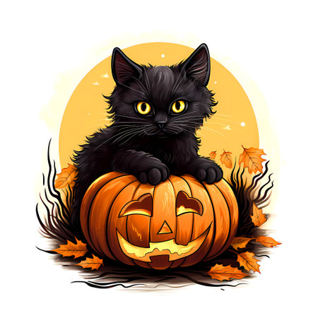 Cute black kitten sitting on pumpkin Jack O Lantern. Halloween vector illustration.の素材