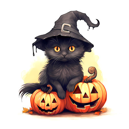 Black cat in witch hat with pumpkins. Halloween vector illustration.の素材