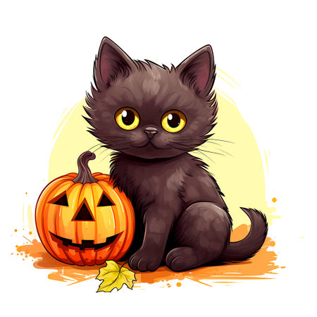 Cute black kitten sitting next to a pumpkin. Vector illustration.の素材