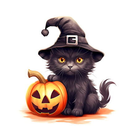 Cute black kitten in witch hat with pumpkin. Halloween illustration.の素材