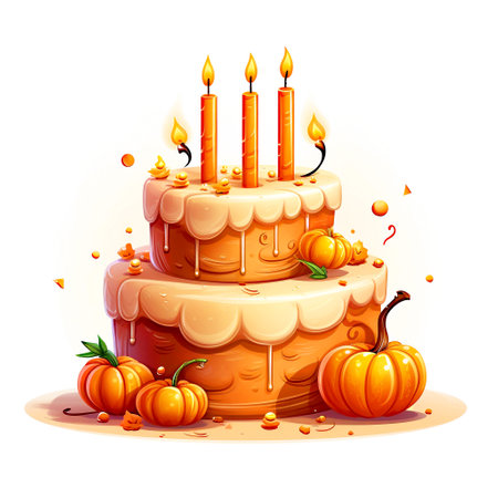 Illustration of happy birthday cake with candles and pumpkins on white backgroundの素材